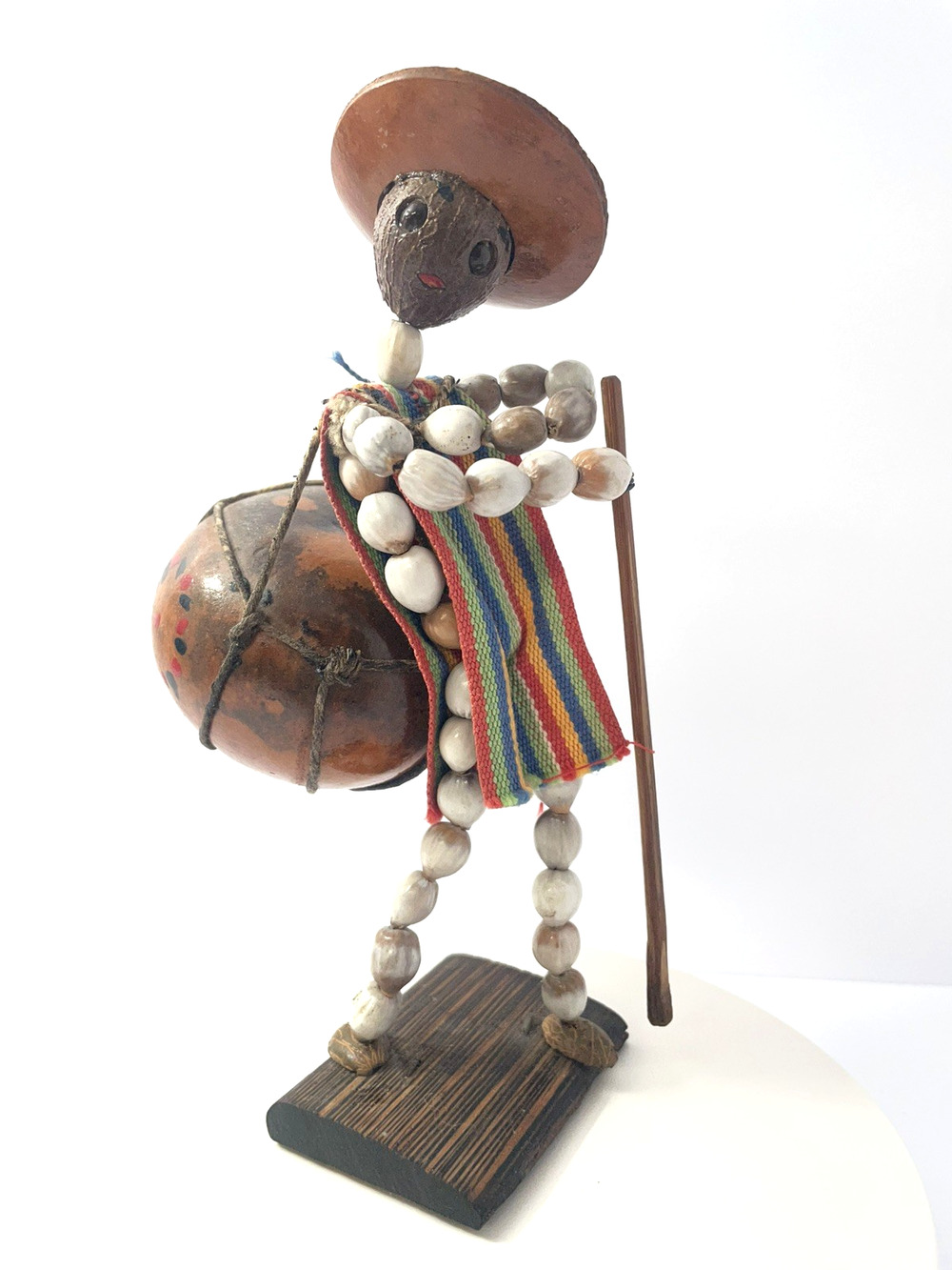 Vintage Mexican Folk Art Figurine Dried Beans Nuts Leather Drum Musician